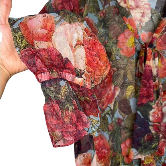 NWOT Haute Hippie 100% Silk Sheer Floral Blouse Ruched Hem Tie Neck Size Medium - Picture 8 of 11